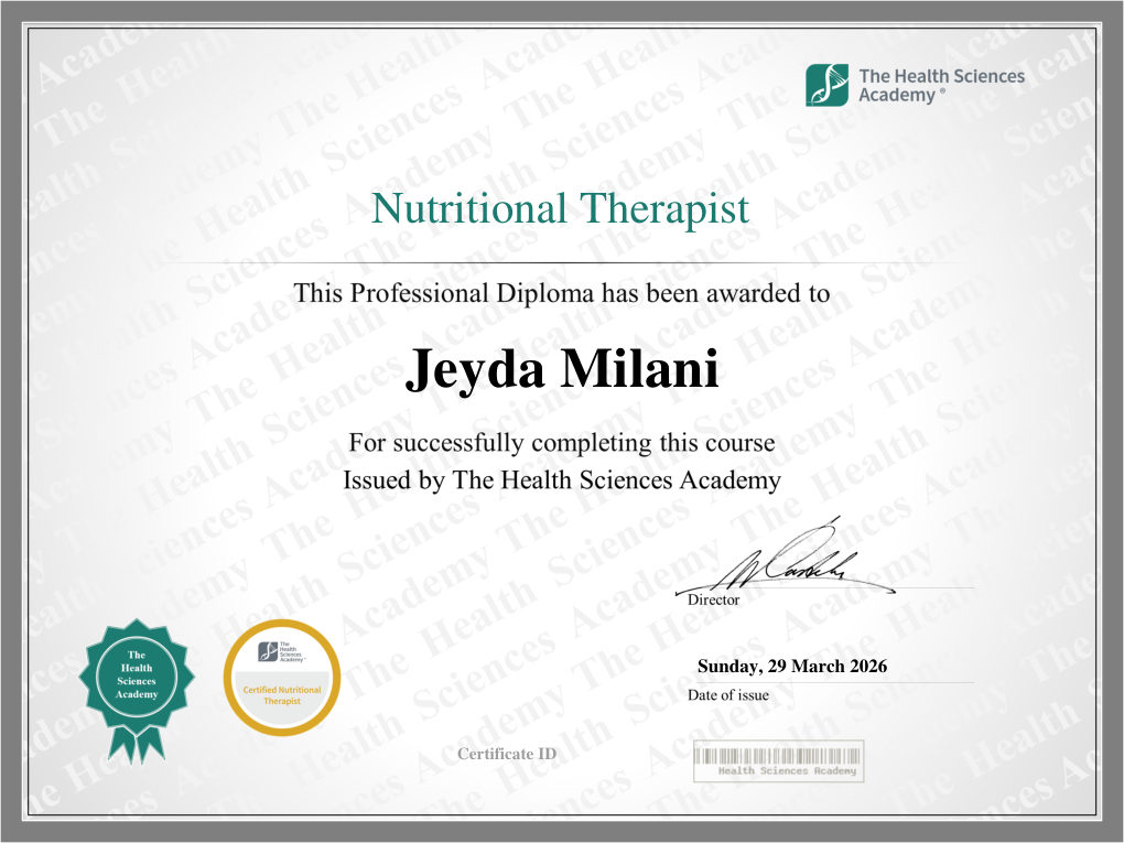Nutritional Therapist Professional Diploma awarded to Jeyda Milani by The Health Sciences Academy
