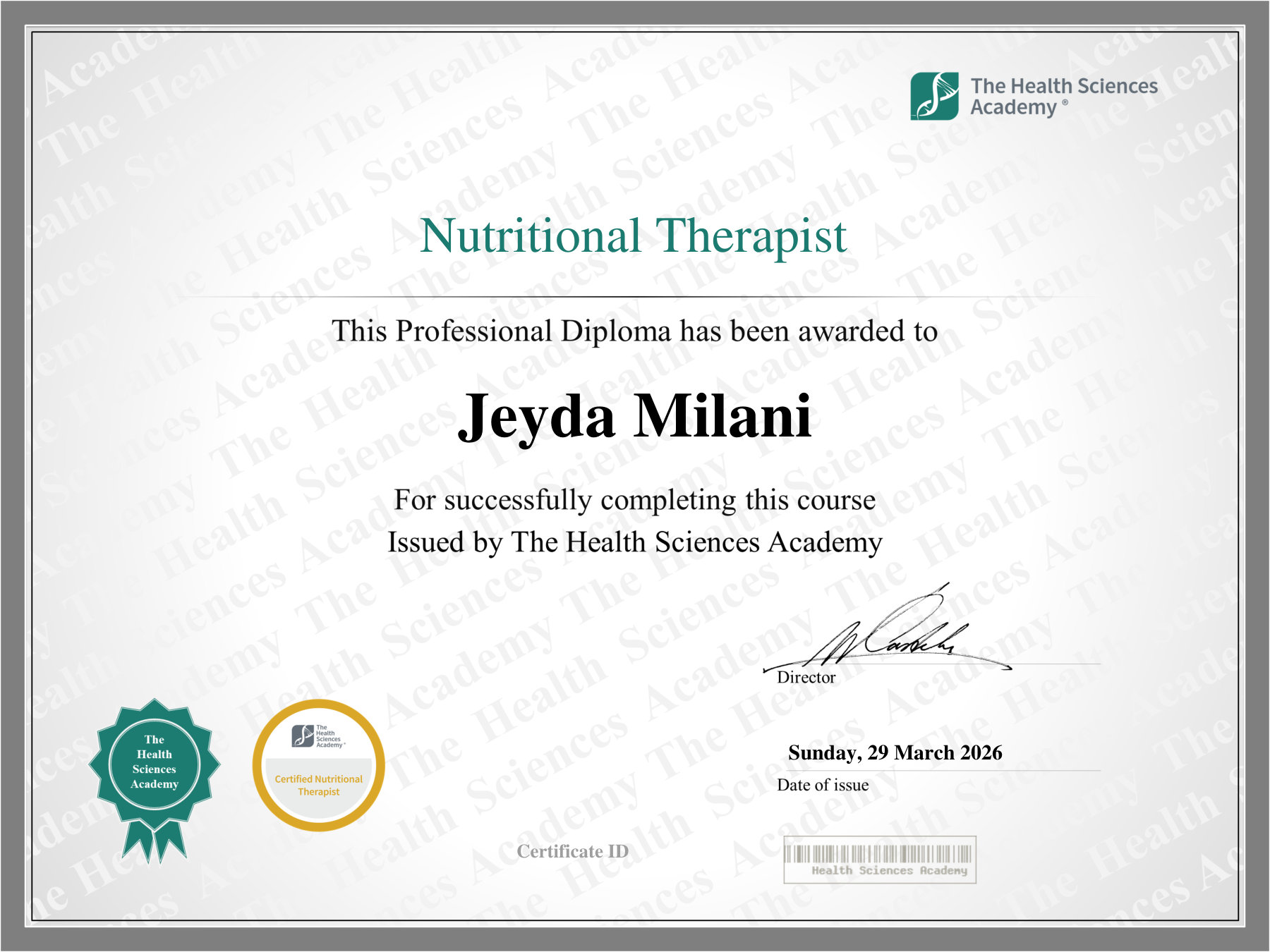 Nutritional Therapist Professional Diploma awarded to Jeyda Milani by The Health Sciences Academy